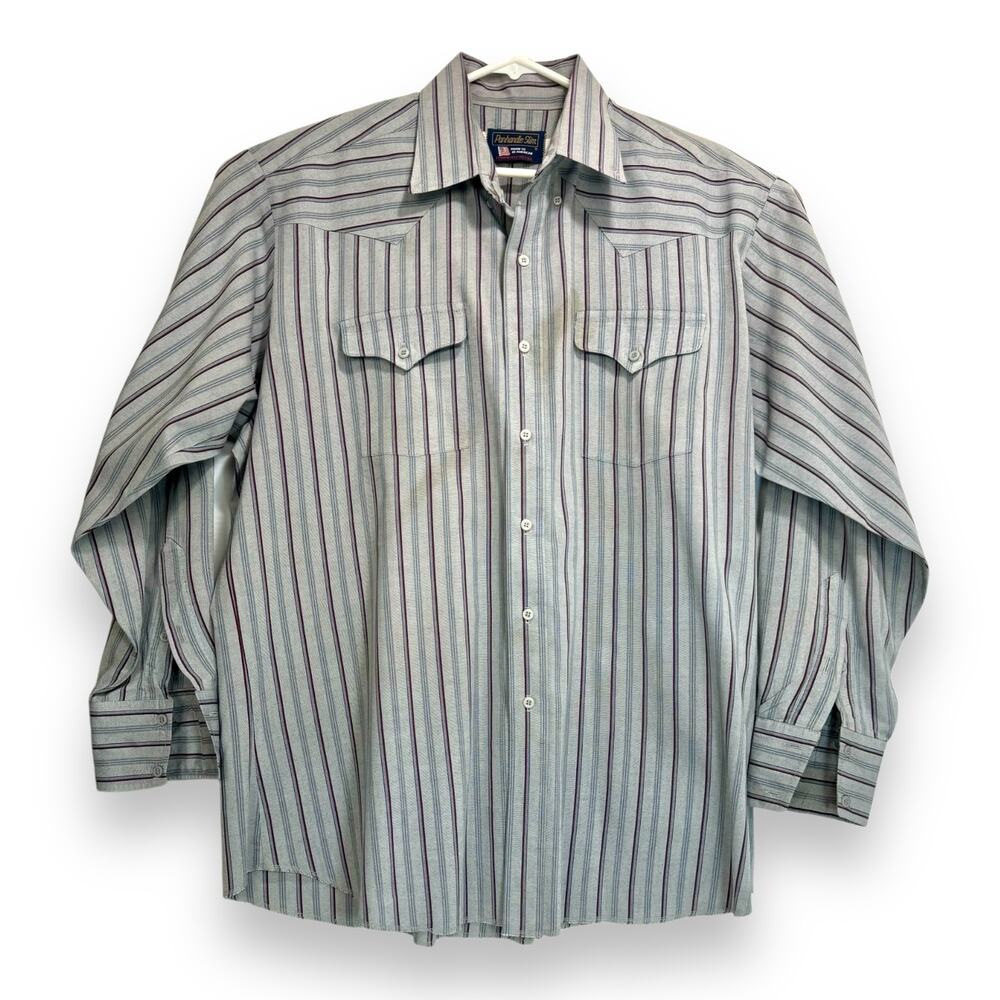Panhandle Slim Western Dress Shirt Gray Stripe Cotton Blend 17.5 35 USA